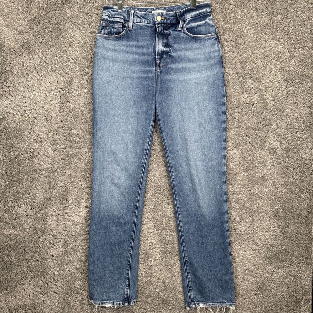 Good American Good Icon Straight Jeans Medium Wash 2/26 Frayed Hem